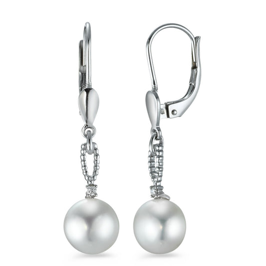 Drop Earrings 18k White Gold Diamond 0.02 ct, 2 Stones, brilliant, p1 Freshwater pearl