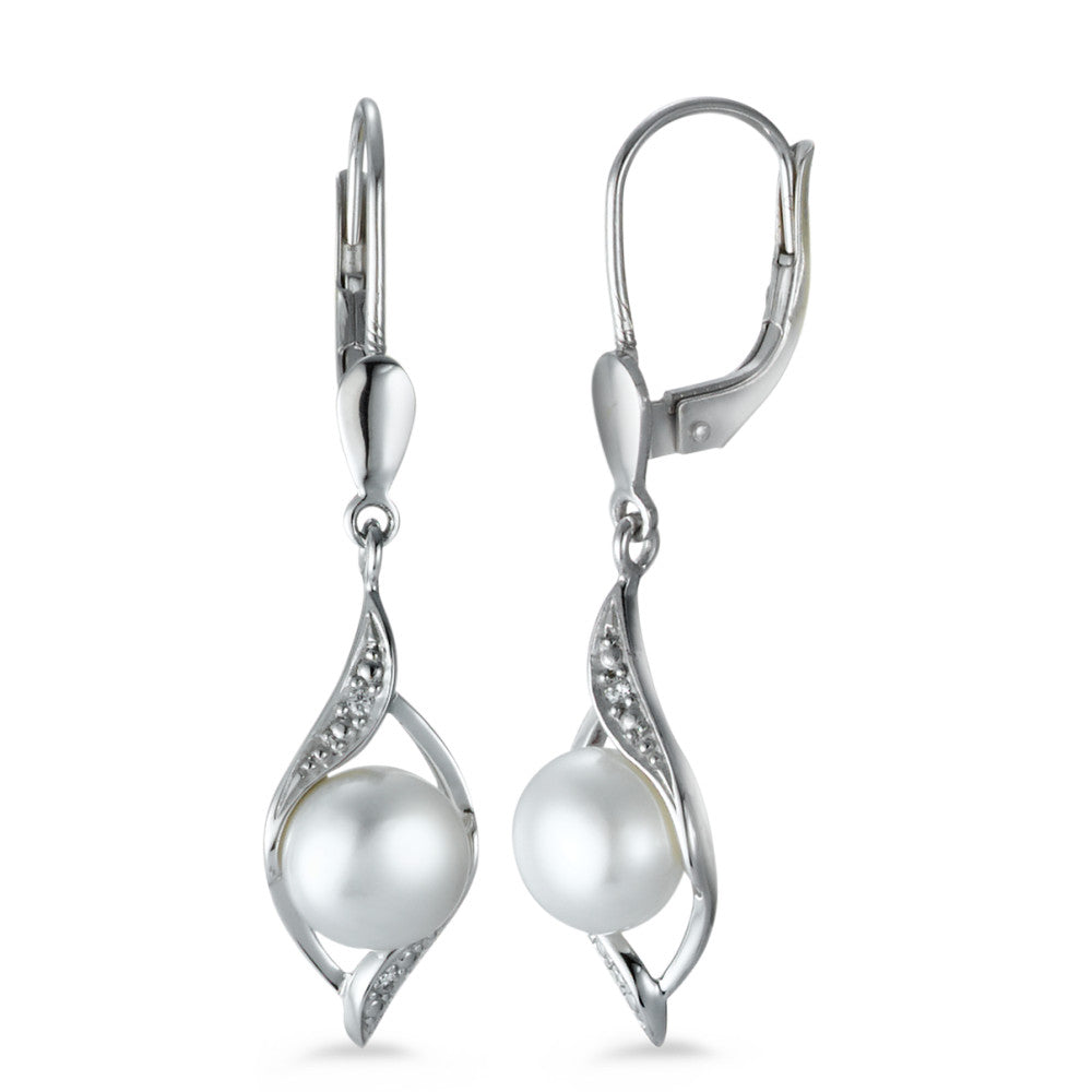 Drop Earrings 18k White Gold Diamond 0.016 ct, 4 Stones, brilliant, p1 Freshwater pearl