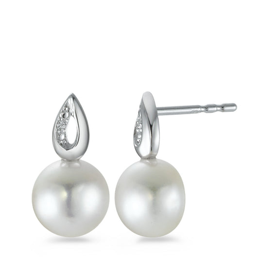 Stud earrings 18k White Gold Diamond 0.008 ct, 2 Stones, brilliant, p1 Freshwater pearl