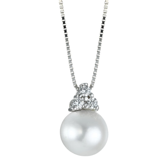 Necklace 18k White Gold Zirconia 3 Stones Freshwater pearl 42 cm