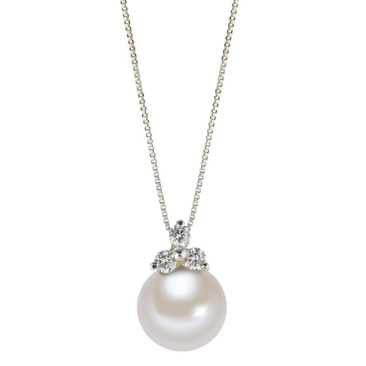 Necklace 18k White Gold Zirconia 3 Stones Freshwater pearl 42 cm