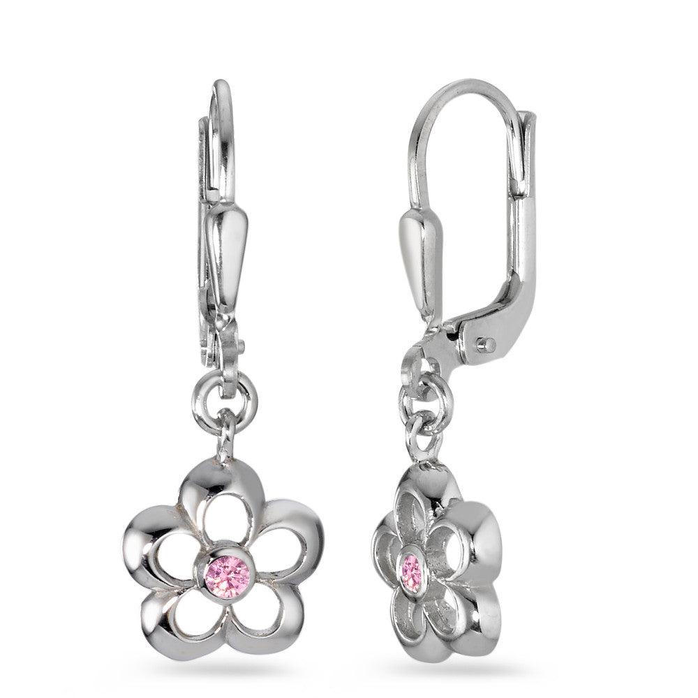 Drop Earrings Silver Zirconia Rose, 2 Stones Rhodium plated Flower Ø9 mm