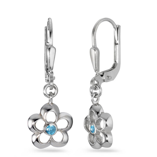 Drop Earrings Silver Zirconia Light Blue, 2 Stones Rhodium plated Flower Ø9 mm