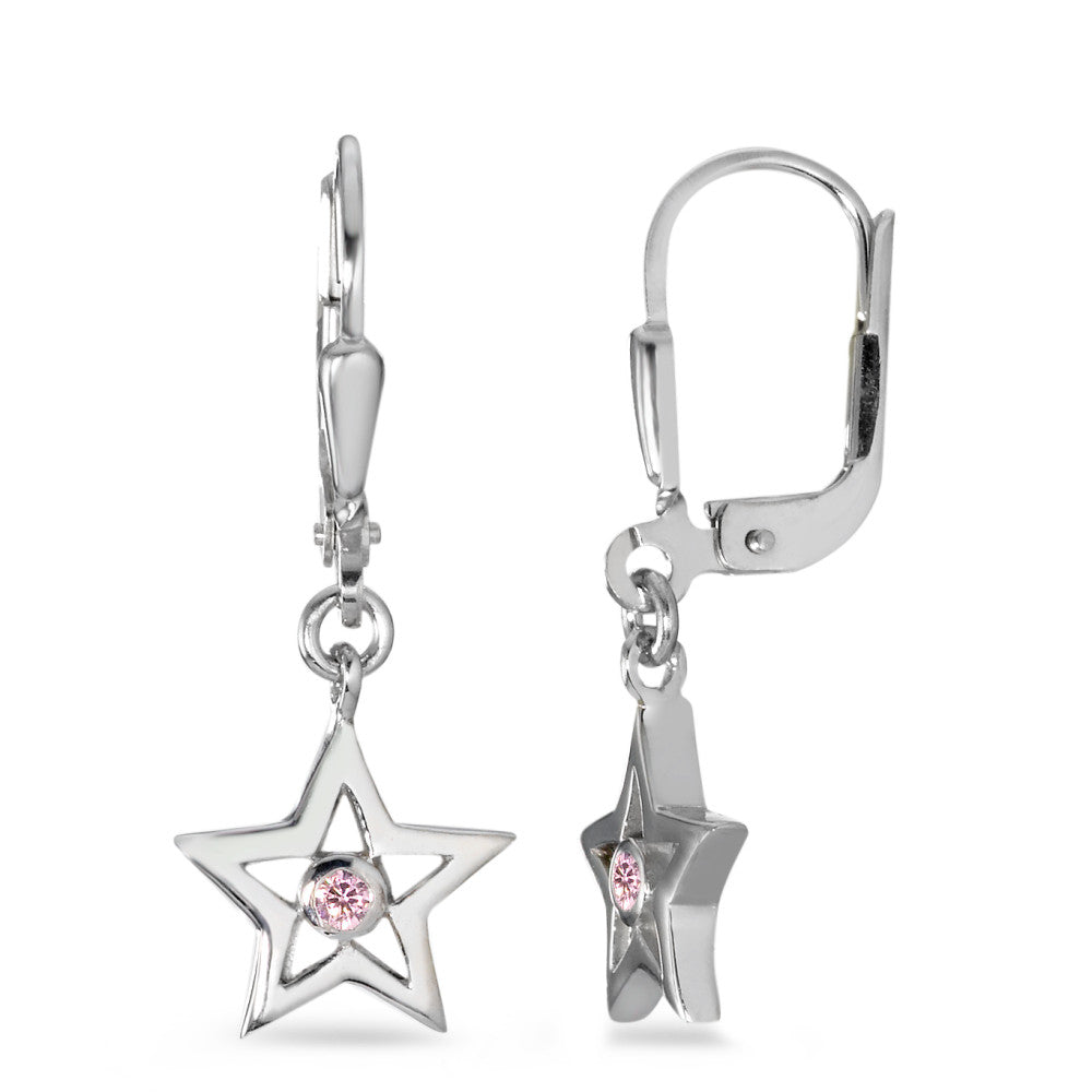 Drop Earrings Silver Zirconia Rose, 2 Stones Rhodium plated Star Ø10 mm