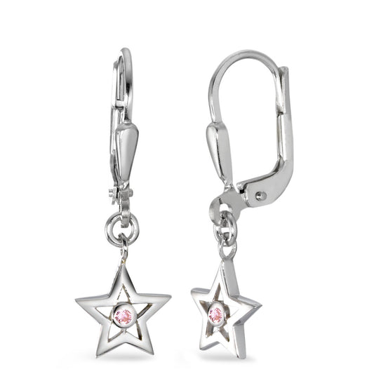 Drop Earrings Silver Zirconia Rose, 2 Stones Rhodium plated Star Ø7 mm