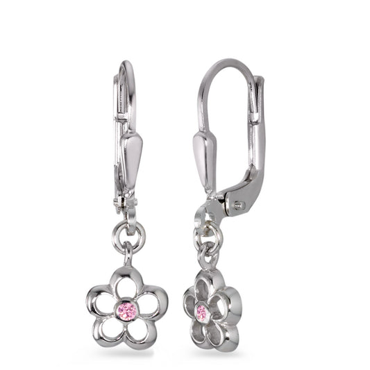 Drop Earrings Silver Zirconia Rose, 2 Stones Rhodium plated Flower Ø7 mm