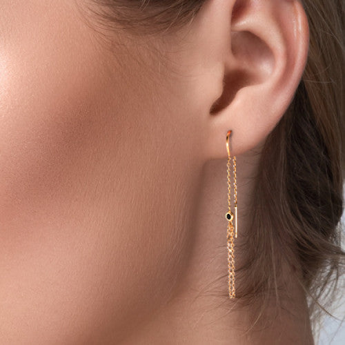 Threader Earrings Bronze Zirconia Black, 2 Stones gold plated 3 microns