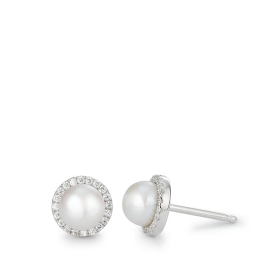 Stud earrings Silver Zirconia White Rhodium plated Freshwater pearl Ø7.5 mm