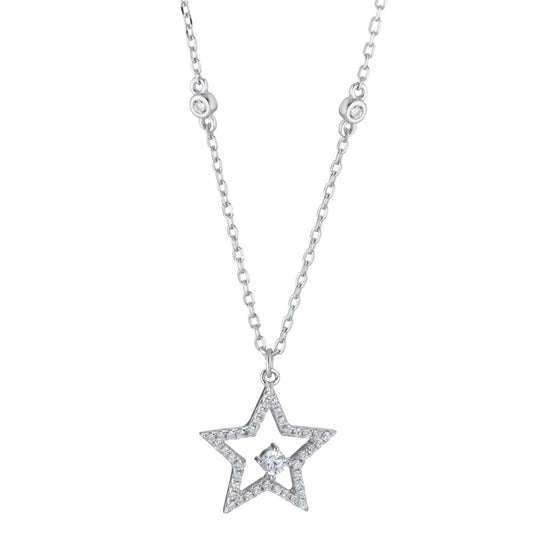 Necklace with pendant Silver Zirconia Rhodium plated Star 40-45 cm Ø16 mm