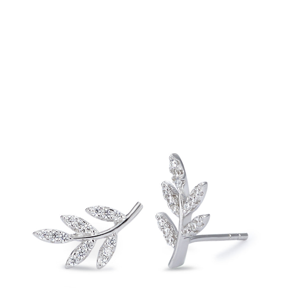 Stud earrings Silver Zirconia Rhodium plated Leaf