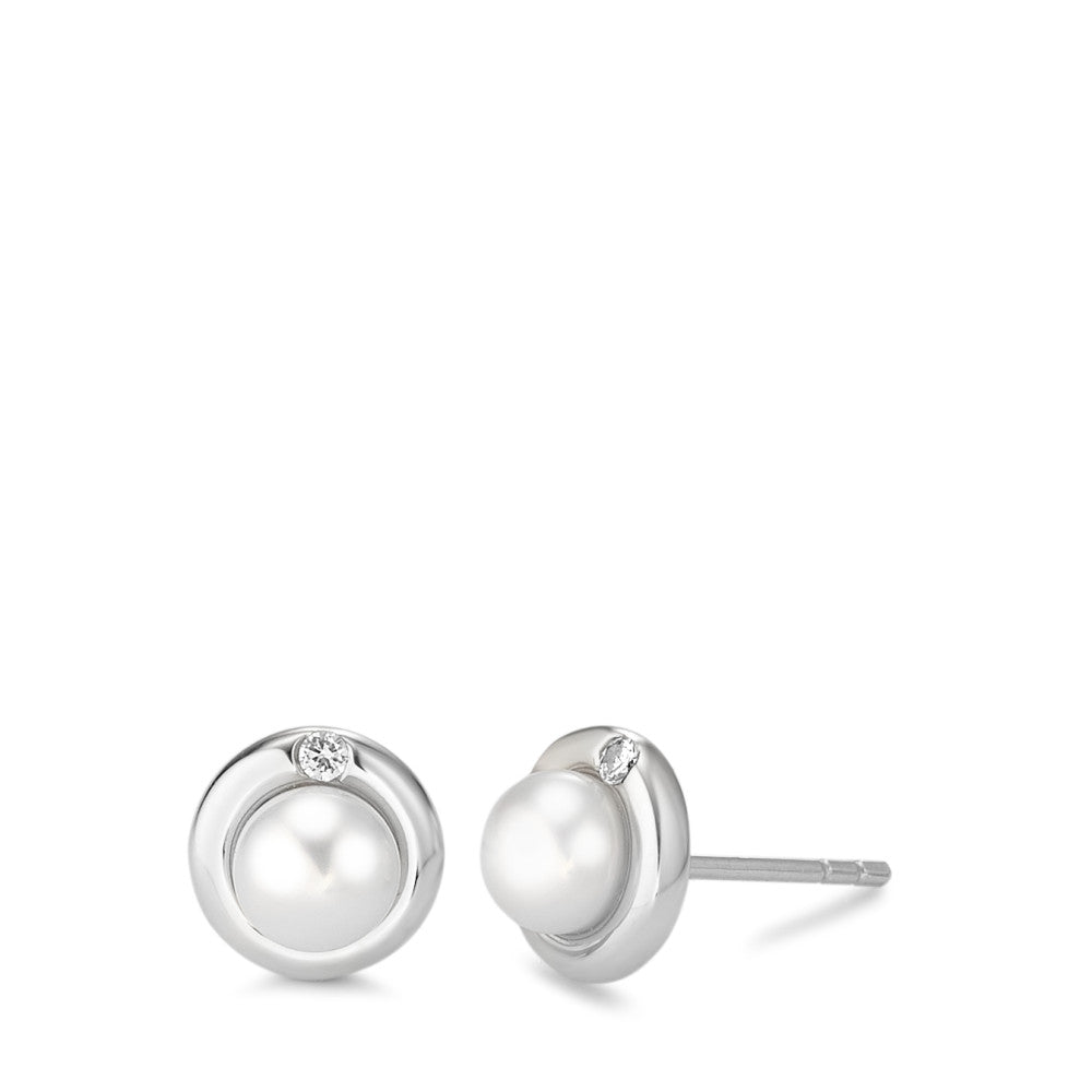 Stud earrings Silver Zirconia 2 Stones Rhodium plated Freshwater pearl Ø9 mm