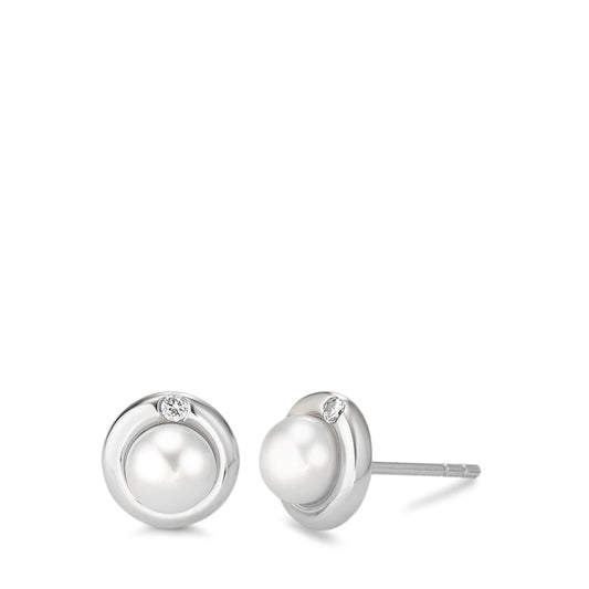 Stud earrings Silver Zirconia 2 Stones Rhodium plated Freshwater pearl Ø9 mm