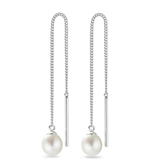 Threader Earrings Silver Rhodium plated Freshwater pearl