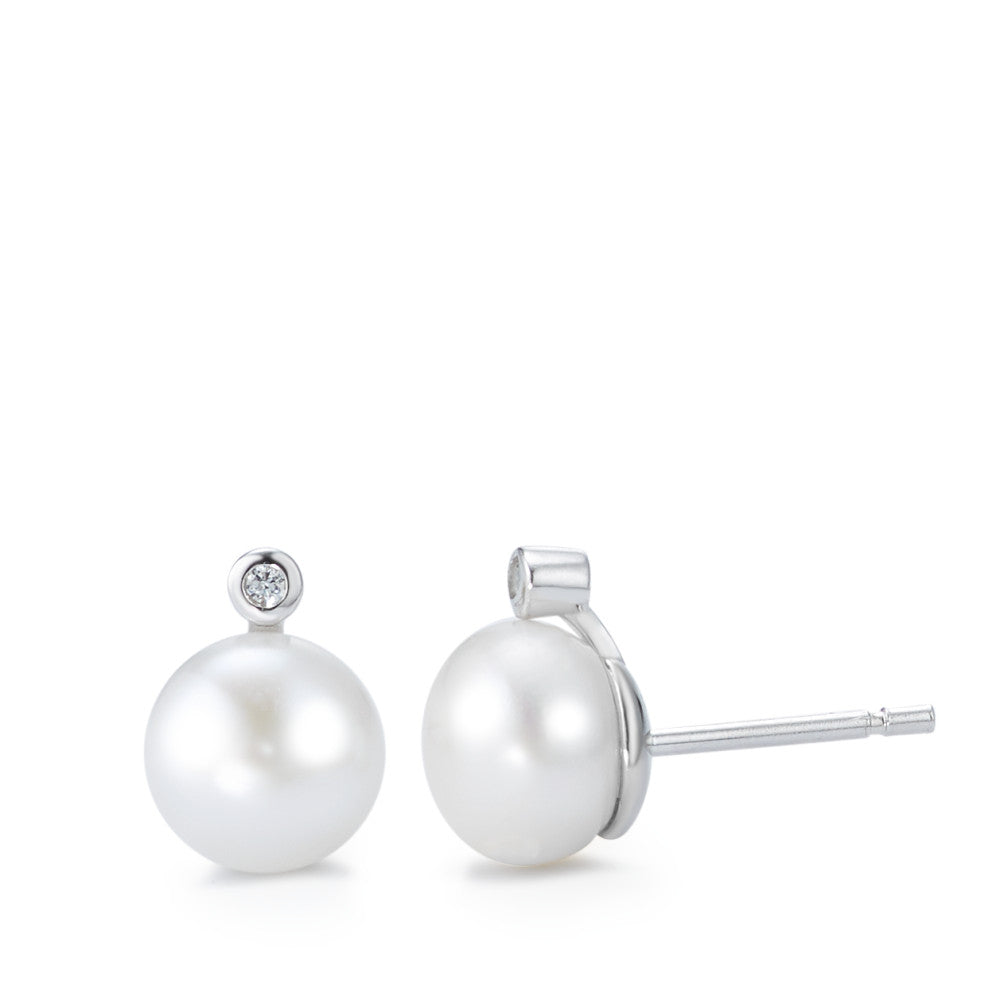 Stud earrings Silver Zirconia 2 Stones Rhodium plated Freshwater pearl