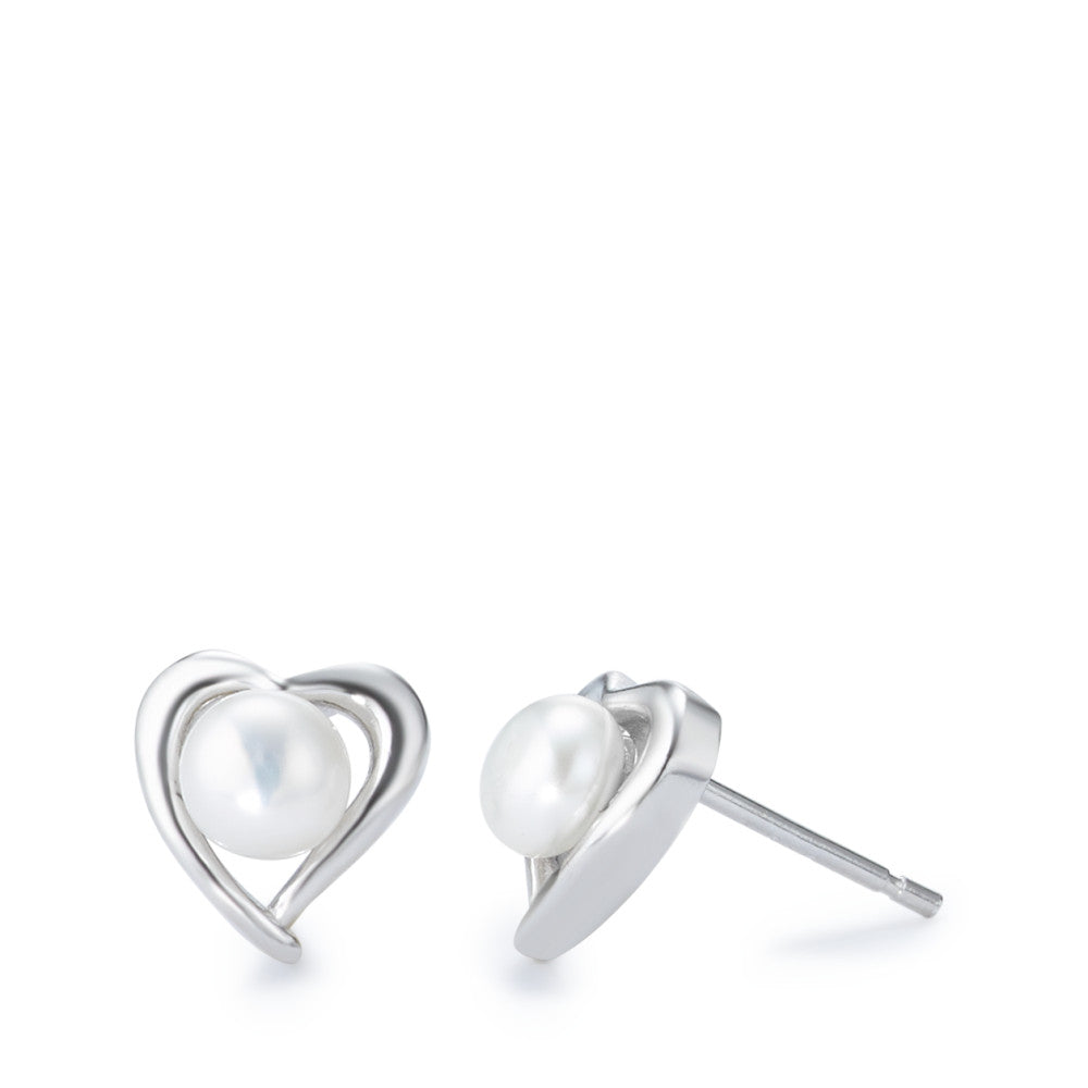 Stud earrings Silver Rhodium plated Freshwater pearl Heart Ø9 mm