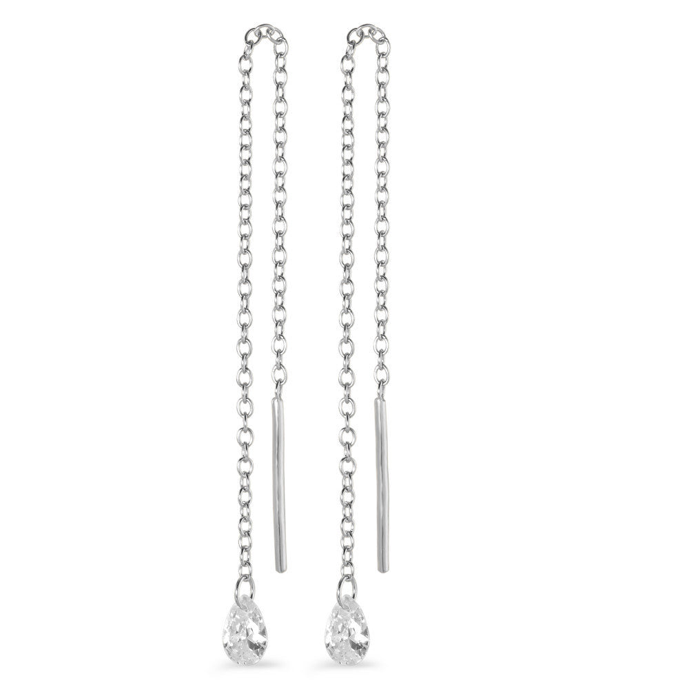 Threader Earrings Silver Zirconia 2 Stones Rhodium plated 10 cm