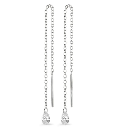 Threader Earrings Silver Zirconia 2 Stones Rhodium plated 10 cm