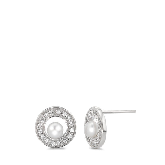 Stud earrings Silver Zirconia Rhodium plated Freshwater pearl Ø10 mm