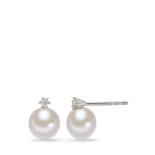 Stud earrings 18k White Gold Diamond White, 0.05 ct, 2 Stones, brilliant, w-si Freshwater pearl