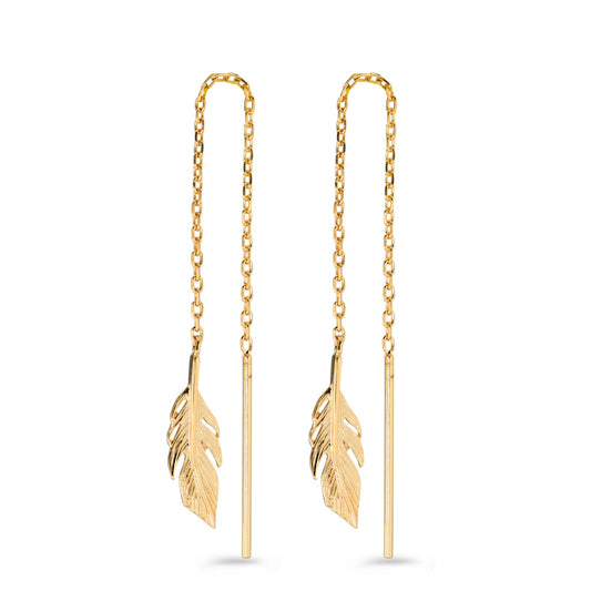 Threader Earrings Bronze Yellow Gold plated Feather