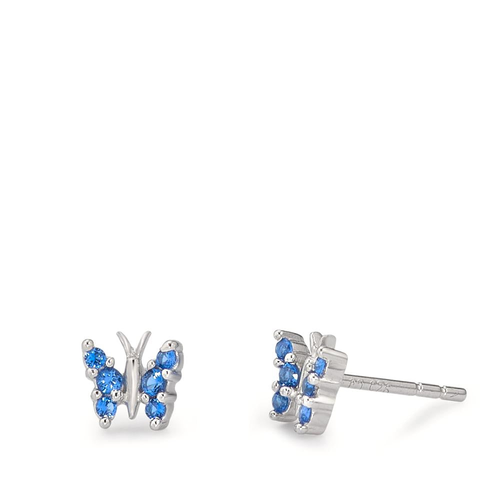 Stud earrings Silver Zirconia Blue, 6 Stones Rhodium plated Butterfly Ø6 mm