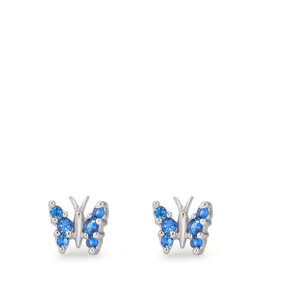 Stud earrings Silver Zirconia Blue, 6 Stones Rhodium plated Butterfly Ø6 mm