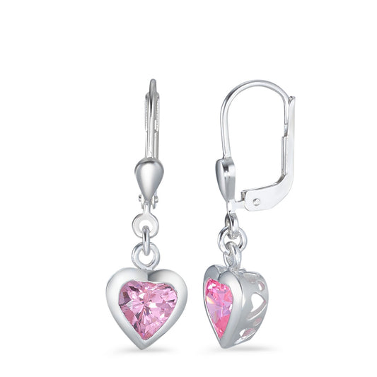 Drop Earrings Silver Zirconia Rose, 2 Stones Rhodium plated Heart