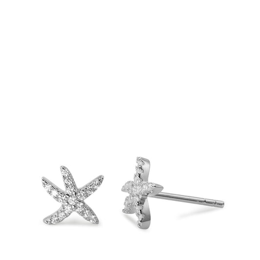 Stud earrings Silver Zirconia Rhodium plated Starfish Ø8 mm