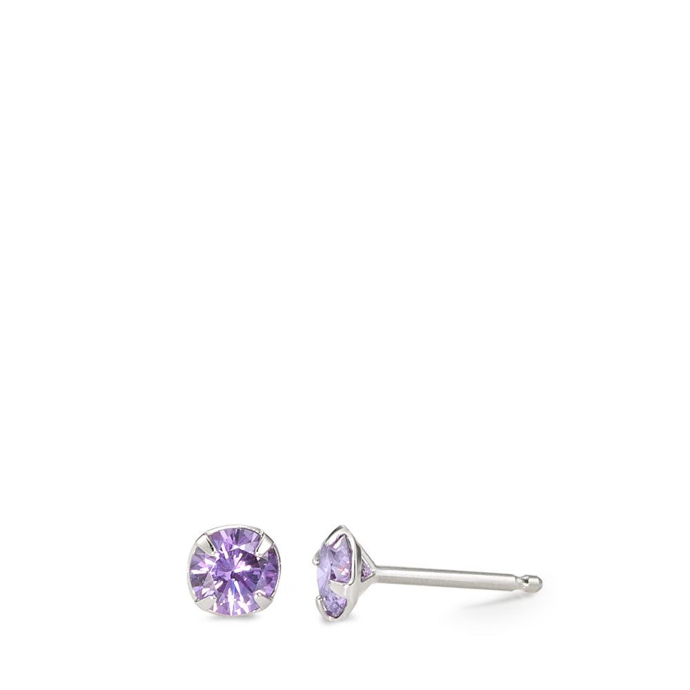 Stud earrings Silver Zirconia Violet, 2 Stones Rhodium plated Ø5 mm