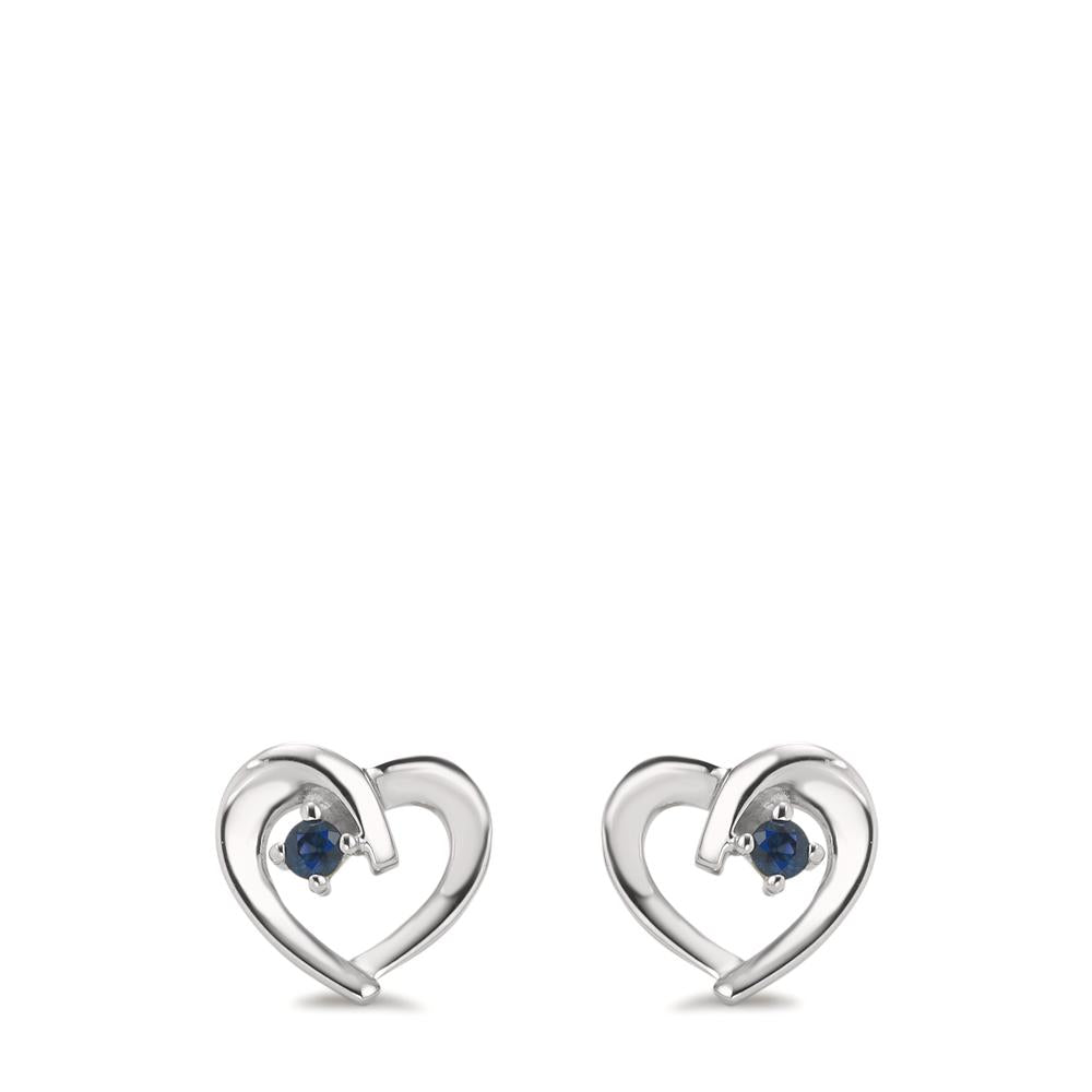 Stud earrings Silver Sapphire Blue, 2 Stones Rhodium plated Heart Ø10 mm