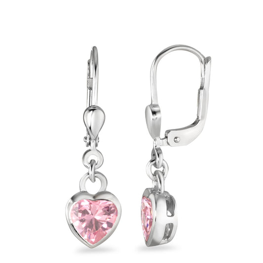 Drop Earrings Silver Zirconia Rose, 2 Stones Rhodium plated Heart Ø7 mm