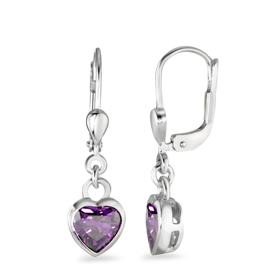 Drop Earrings Silver Zirconia Violet, 2 Stones Rhodium plated Heart Ø7 mm