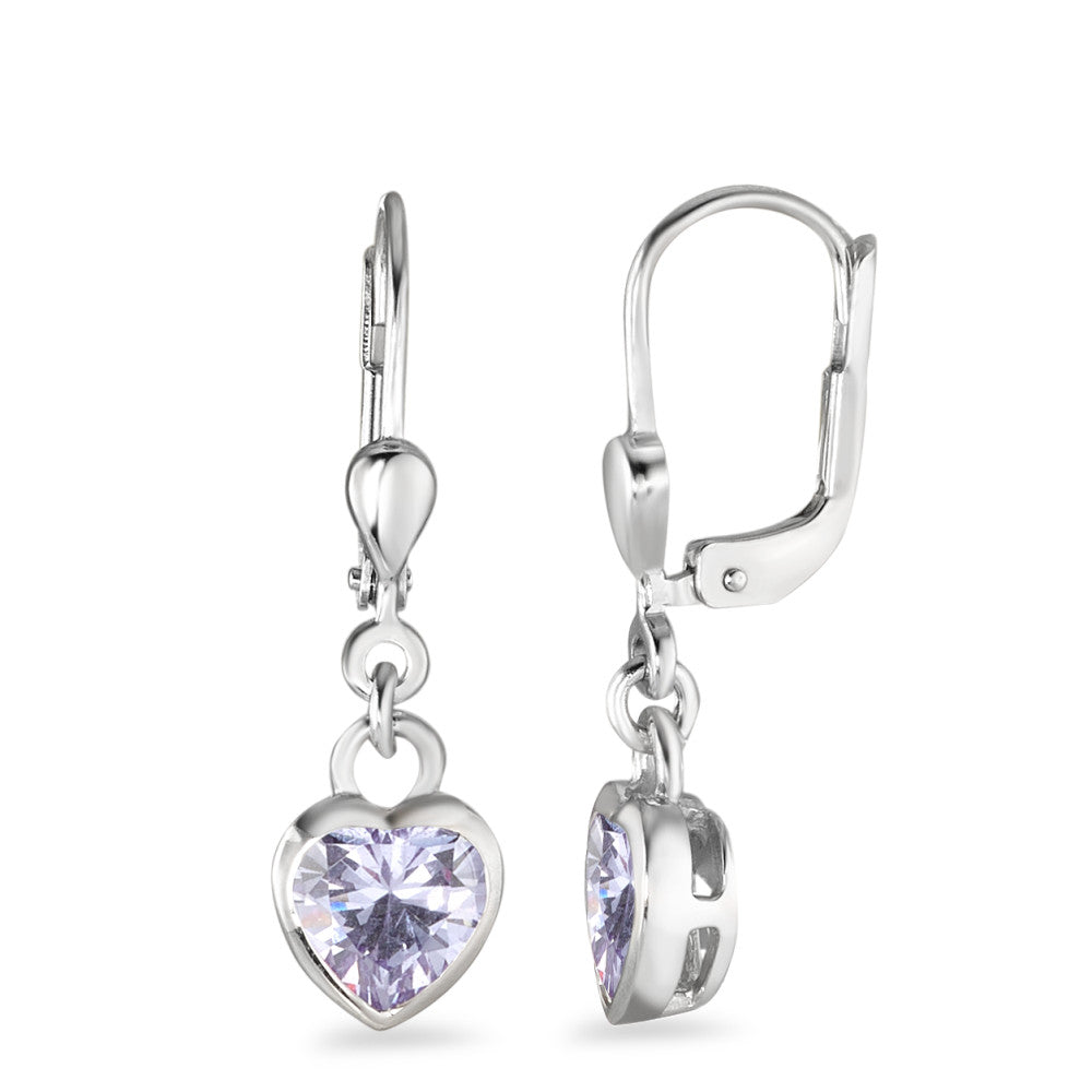 Drop Earrings Silver Zirconia Purple, 2 Stones Rhodium plated Heart Ø7 mm