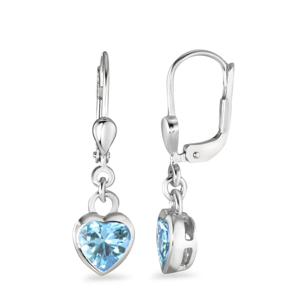 Drop Earrings Silver Synthetic Aquamarine Aqua, 2 Stones Rhodium plated Heart Ø7 mm