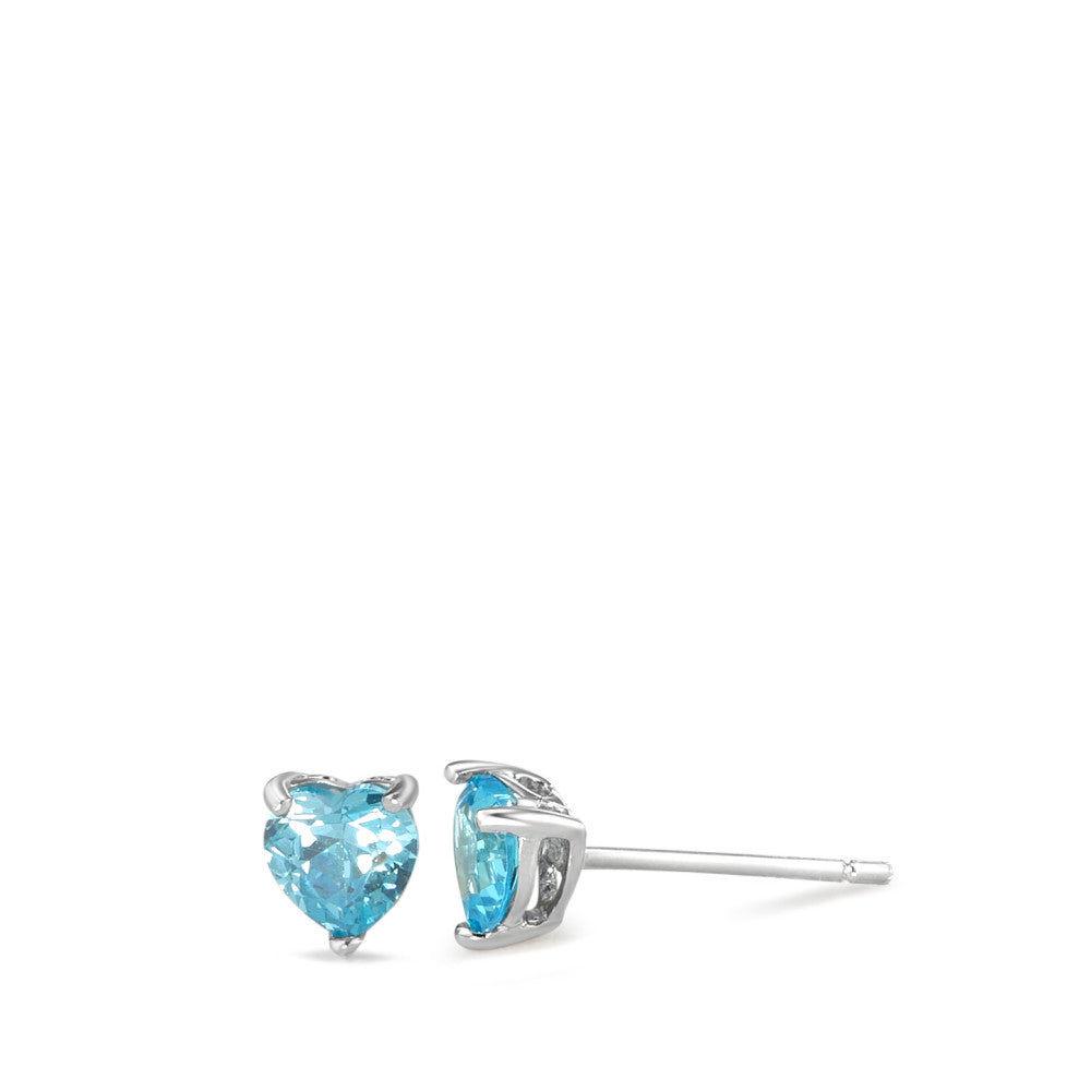 Stud earrings Silver Synthetic Aquamarine 2 Stones Rhodium plated Heart Ø5 mm