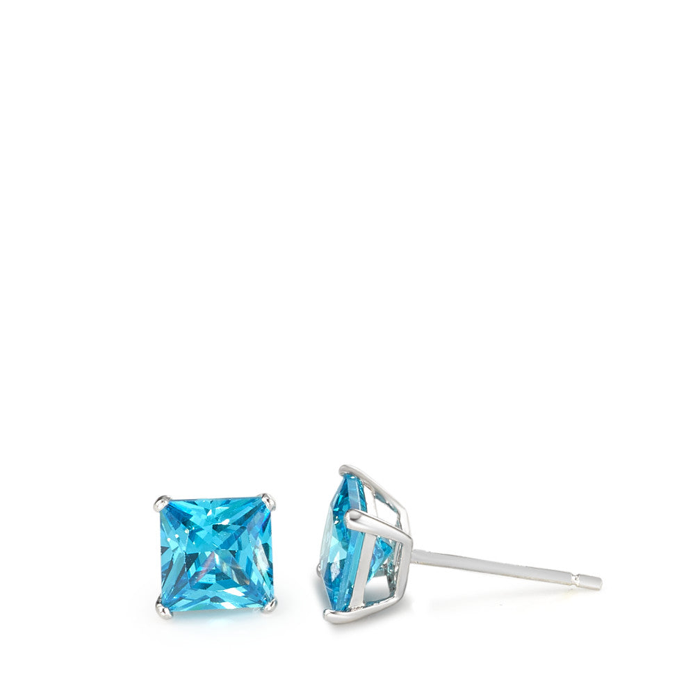 Stud earrings Silver Synthetic Aquamarine 2 Stones Rhodium plated Ø6.5 mm