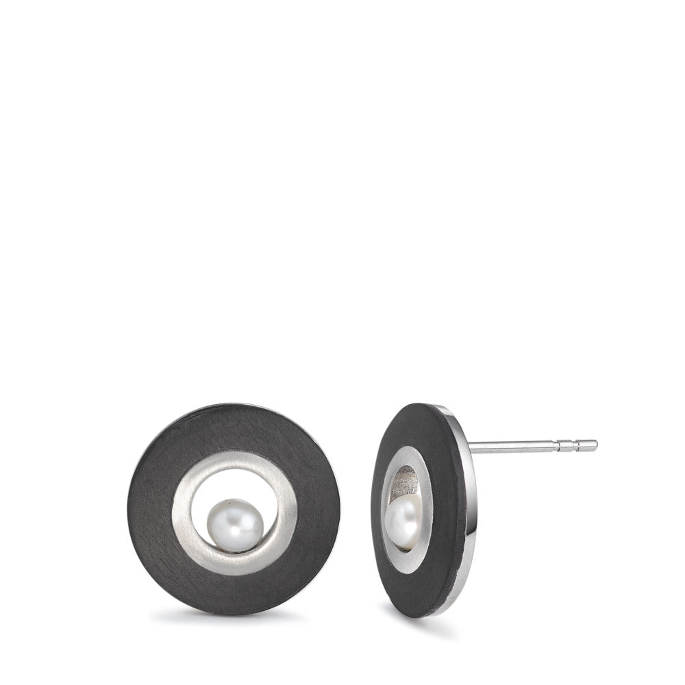 Stud earrings Stainless steel, Carbon Freshwater pearl Ø15 mm