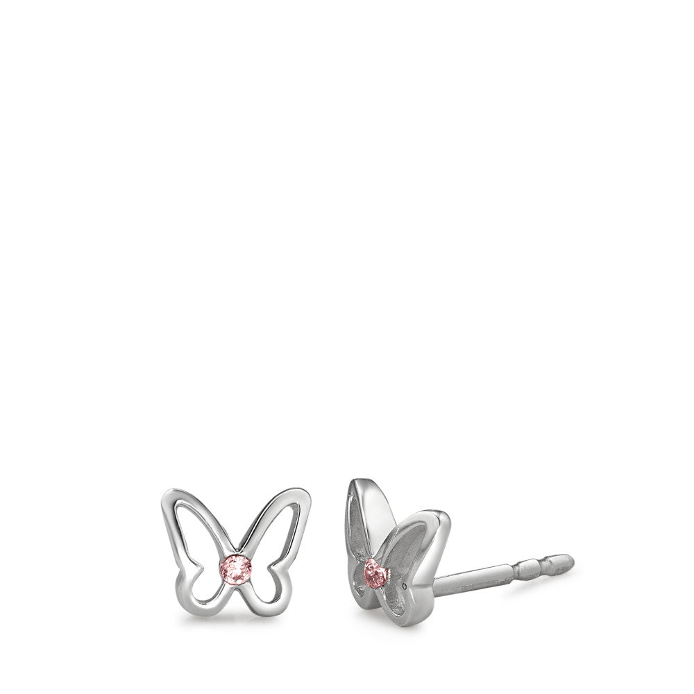 Stud earrings Silver Zirconia Rose, 2 Stones Rhodium plated Butterfly