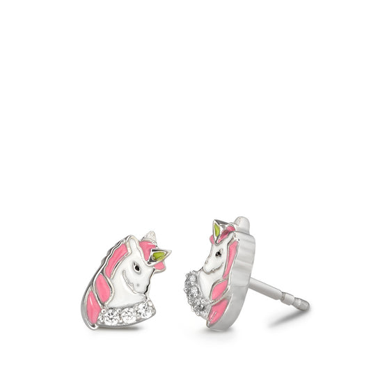 Stud earrings Silver Zirconia 6 Stones Lacquered Unicorn Ø7.5 mm