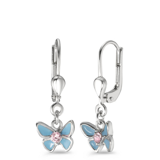 Drop Earrings Silver Zirconia Rose Lacquered Butterfly