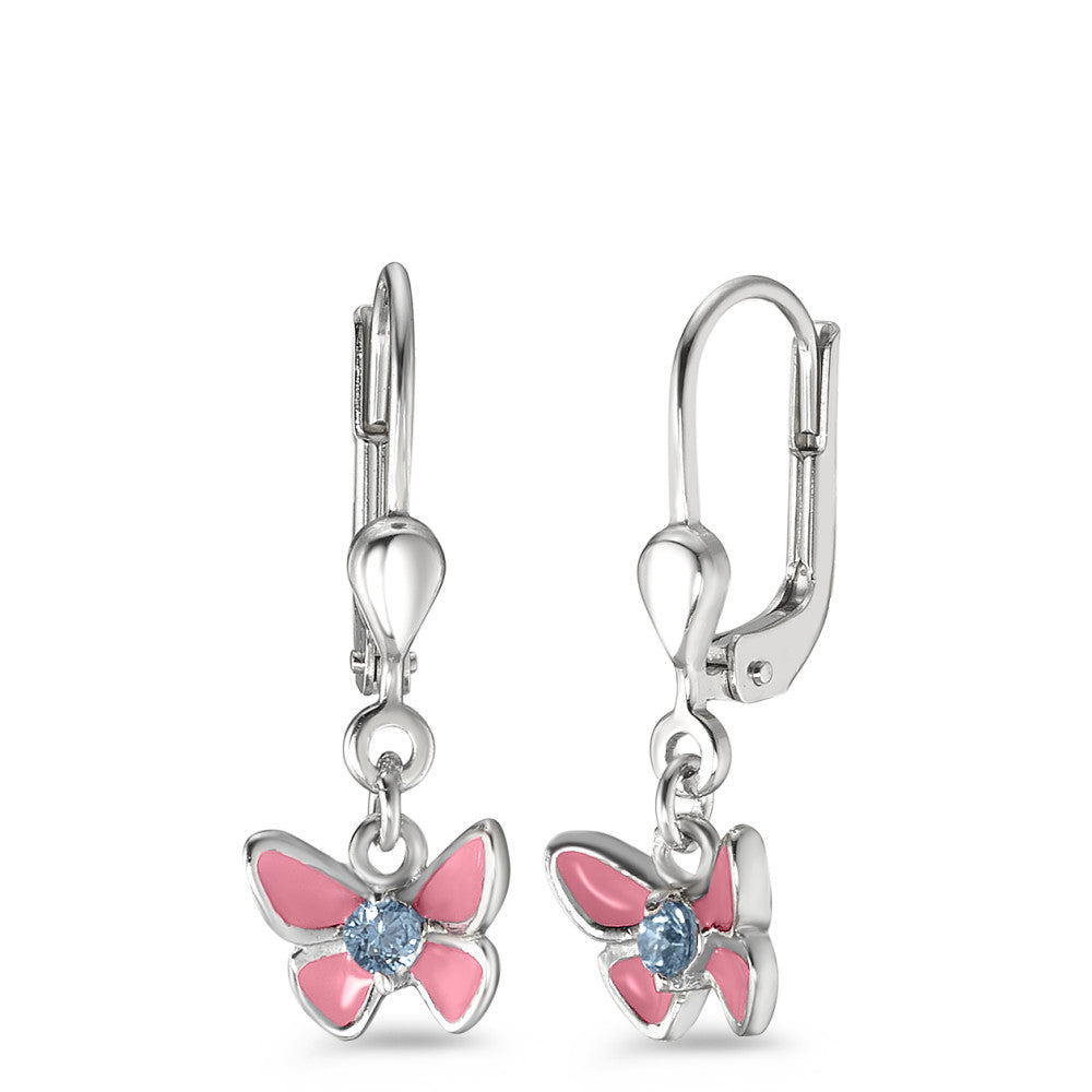 Drop Earrings Silver Zirconia Light Blue, 2 Stones Lacquered Butterfly