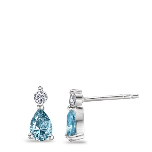 Stud earrings Silver Topaz Blue, 2 Stones, Zirconia White, 2 Stones Rhodium plated