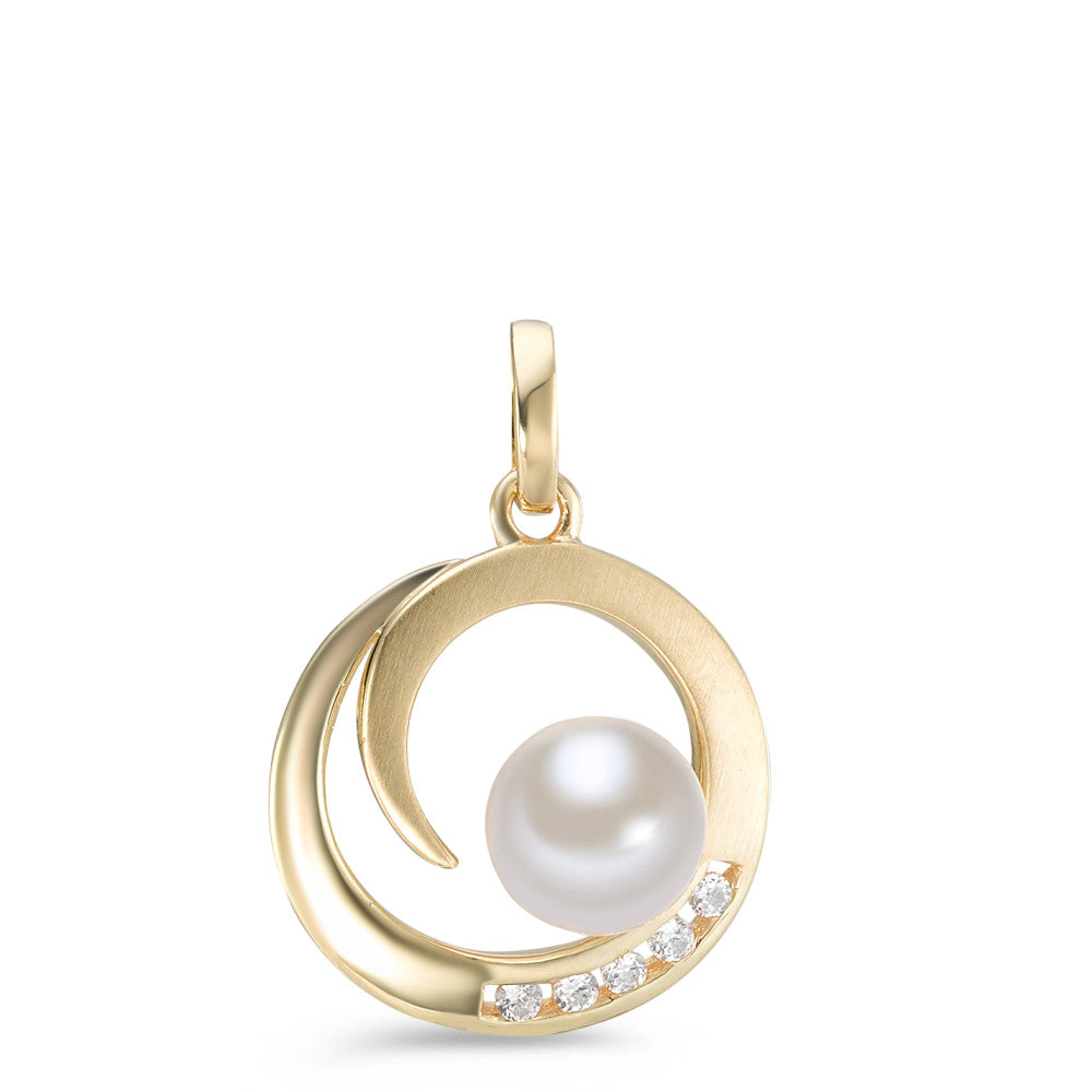 Pendant 9k Yellow Gold Zirconia 5 Stones Freshwater pearl Ø16 mm