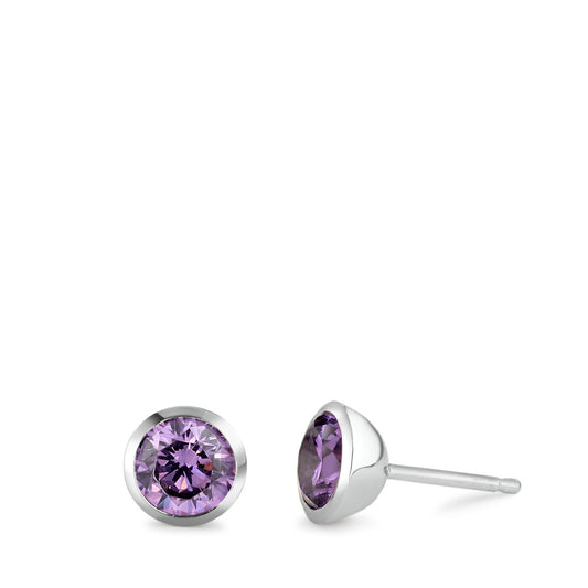 Stud earrings Silver Zirconia Violet, 2 Stones Rhodium plated Ø7.5 mm