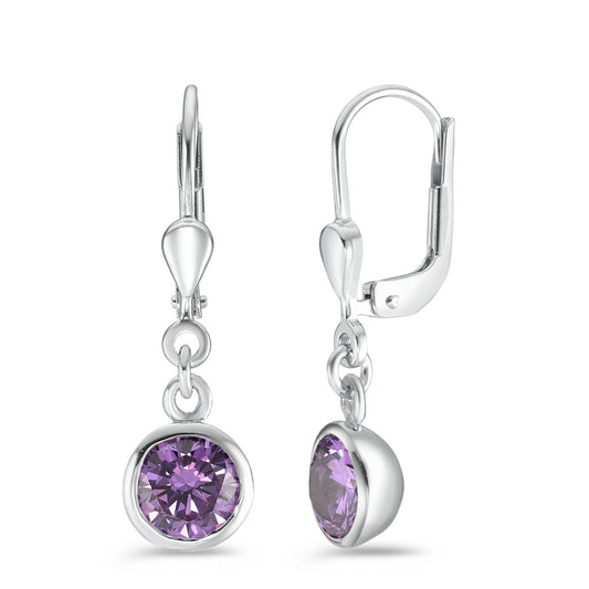 Drop Earrings Silver Zirconia Violet, 2 Stones Rhodium plated Ø7.5 mm