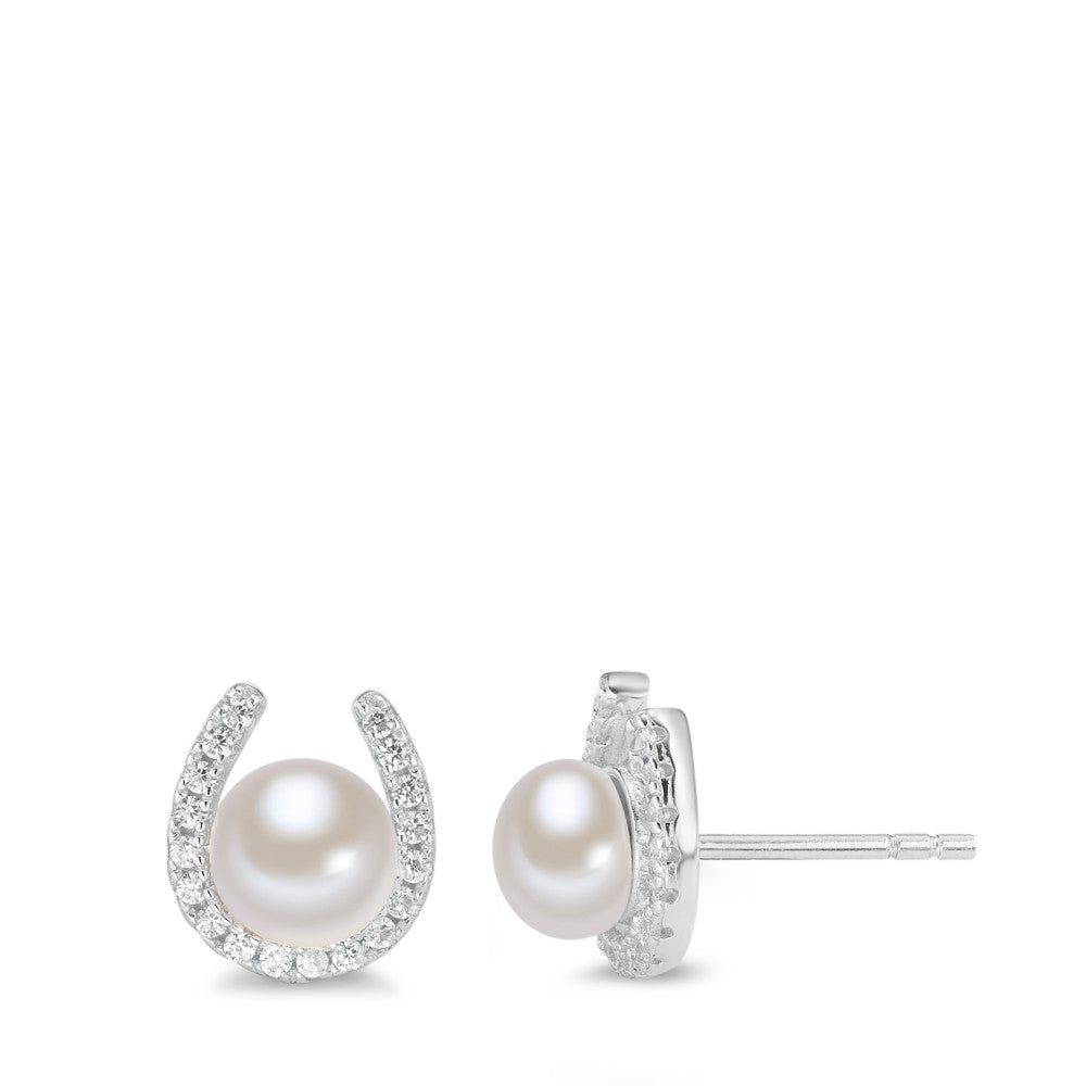 Stud earrings Silver Zirconia Rhodium plated Freshwater pearl Ø9 mm