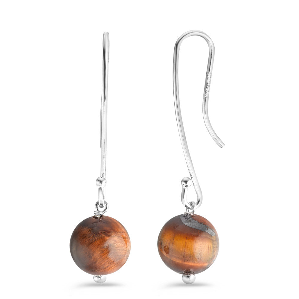 Drop Earrings Silver Tiger Eye 2 Stones Rhodium plated