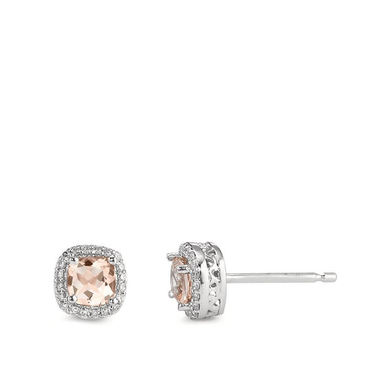 Stud earrings 9k White Gold Morganite Champagne, 0.56 ct, 2 Stones, round, Diamond White, 0.12 ct, 40 Stones, w-pi3 Ø6.5 mm