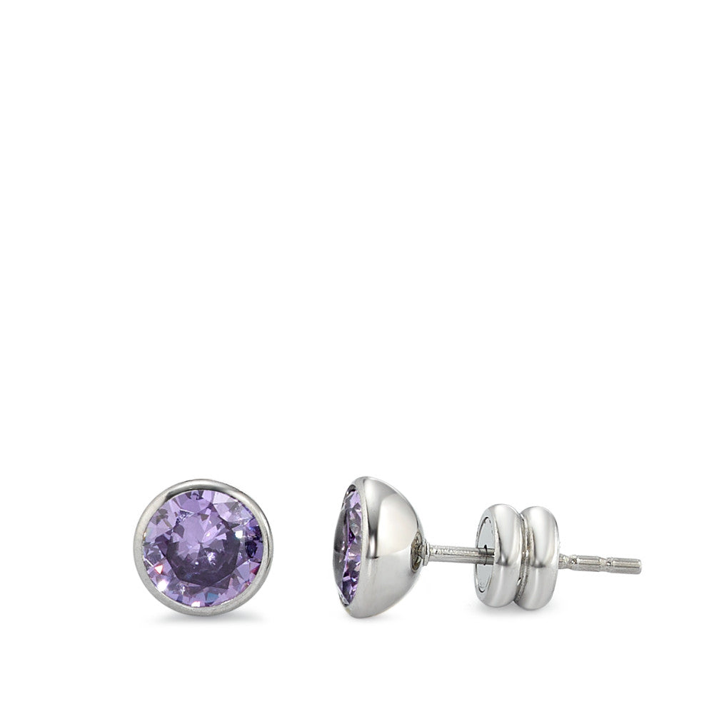 Stud earrings Stainless steel Zirconia Violet, 2 Stones Ø6.5 mm