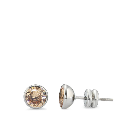 Stud earrings Stainless steel Zirconia Champagne Ø6.5 mm